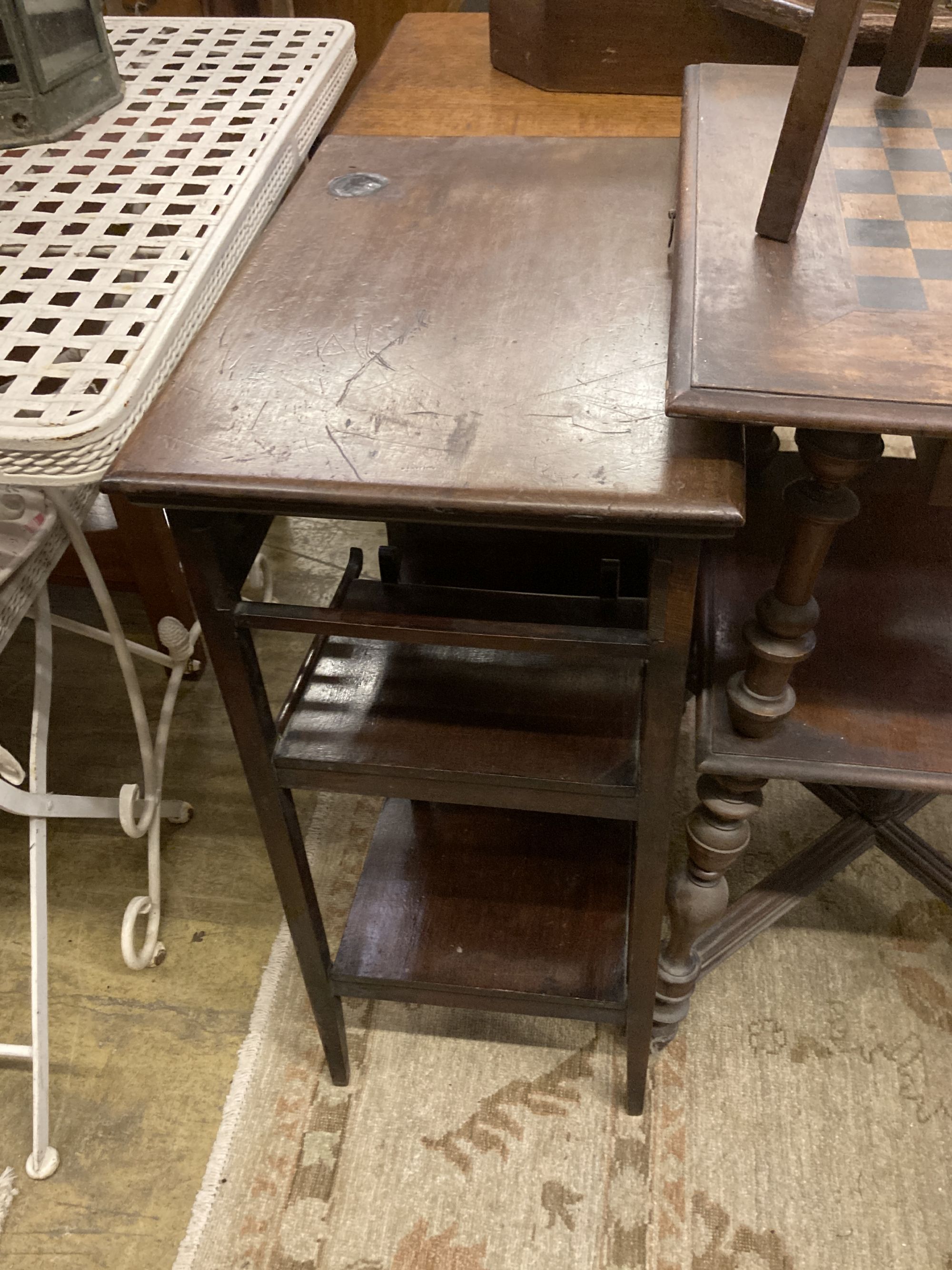 A Victorian two tier games table, width 50cm, depth 50cm, height 79cm together with an aesthetic movement side table and a plant stand